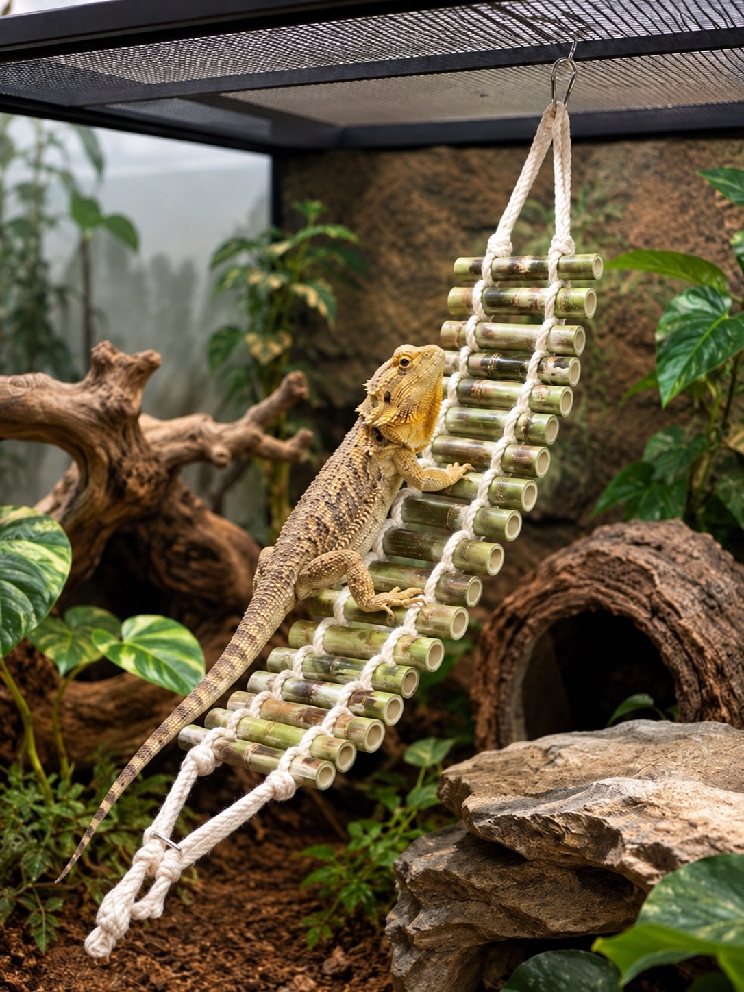 Hanging Bamboo Ladder Bridge for Reptiles – Terrarium Climbing Decor
