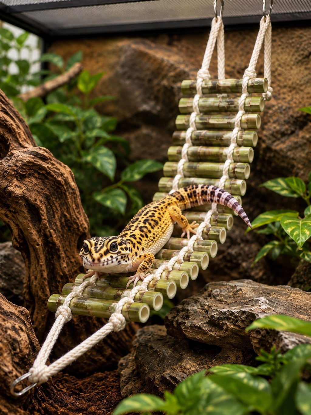 Hanging Bamboo Ladder Bridge for Reptiles – Terrarium Climbing Decor