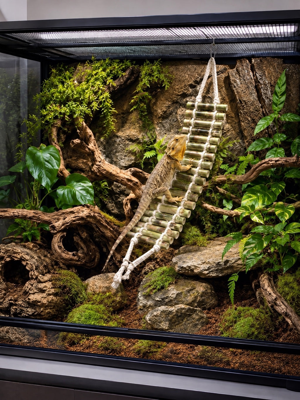 Hanging Bamboo Ladder Bridge for Reptiles – Terrarium Climbing Decor